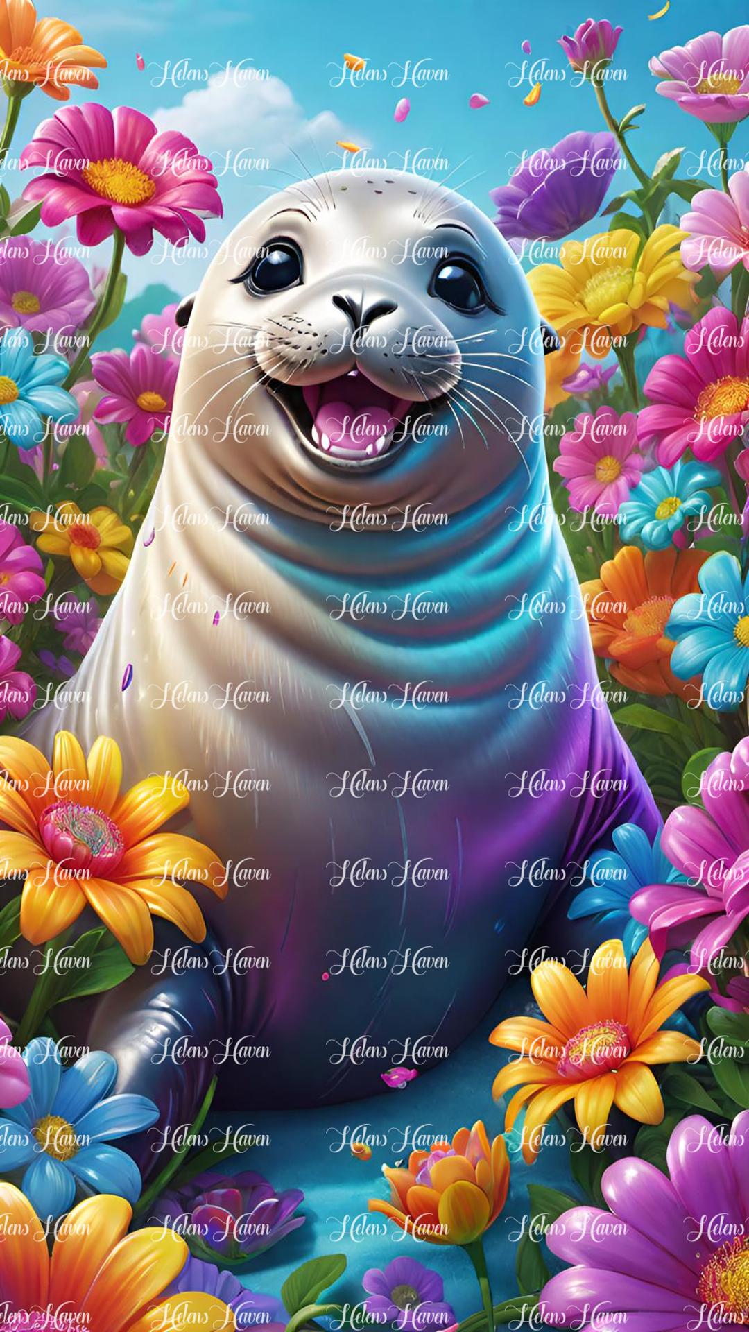 Happy seal playing in flowers