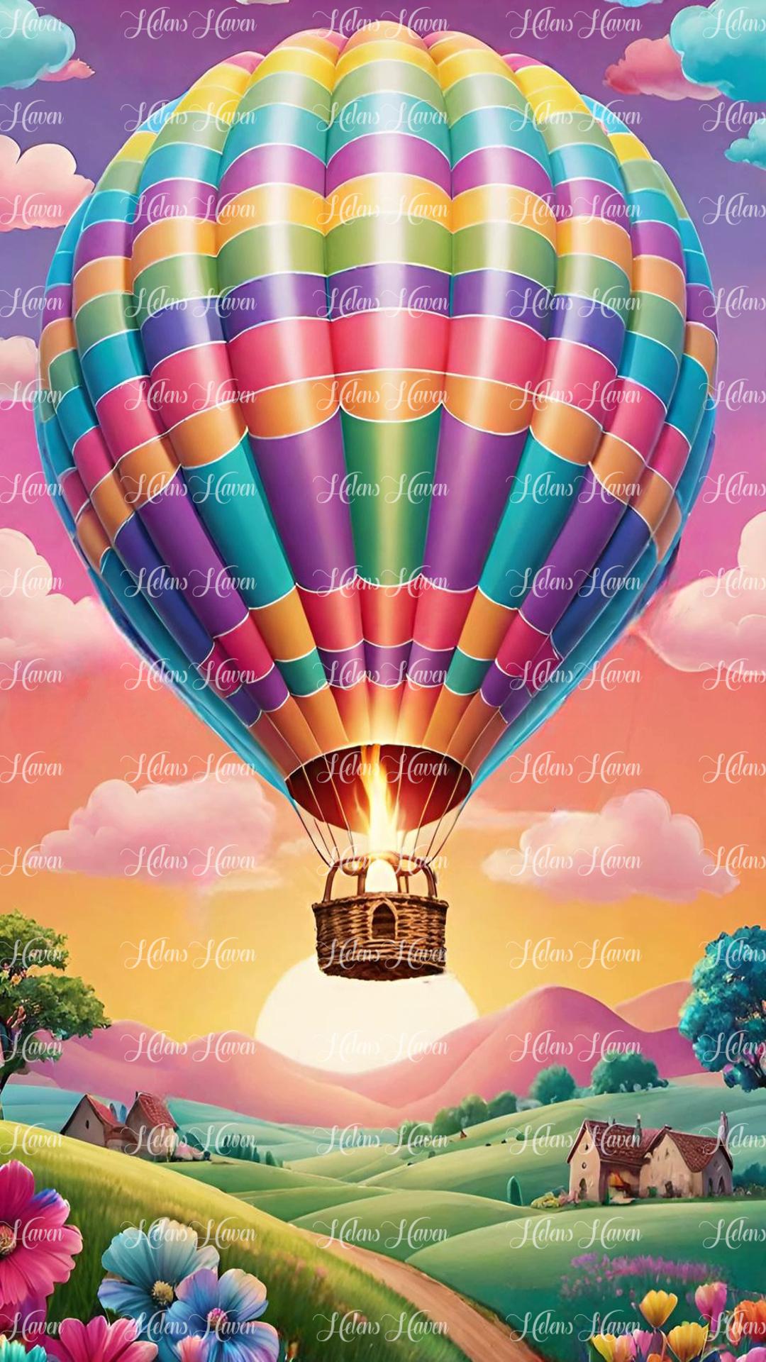 Colourful hot air balloon over countryside