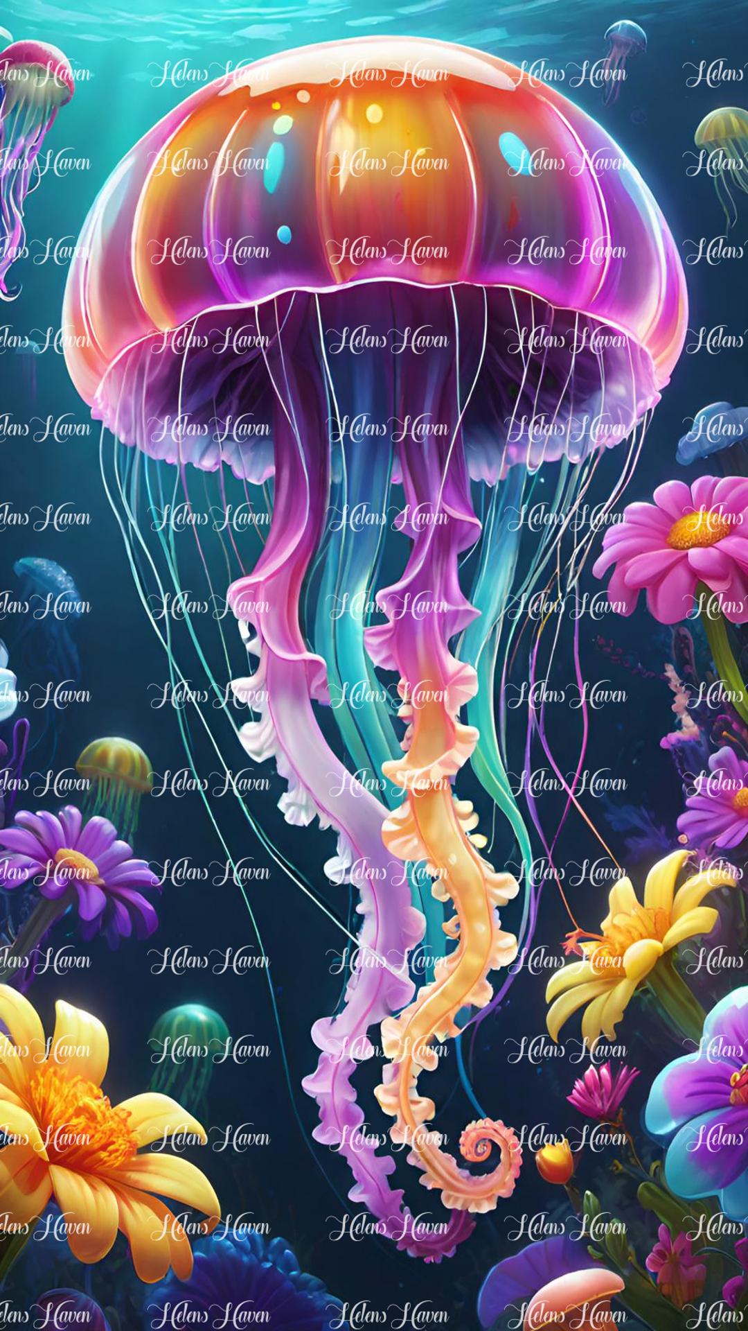 Elegant floating jellyfish amid seaflowers