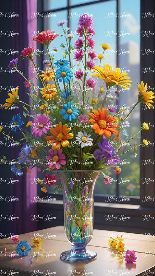 Colourful selection of wildflowers in a glass vase