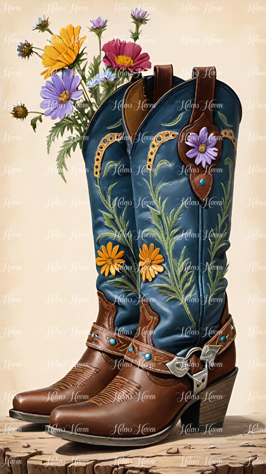 Rustic cowboy boots in brown and blue with wild flowers