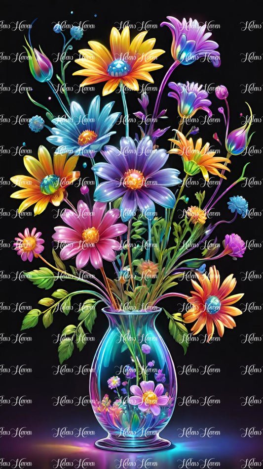 Glowing flowers in a vase at night