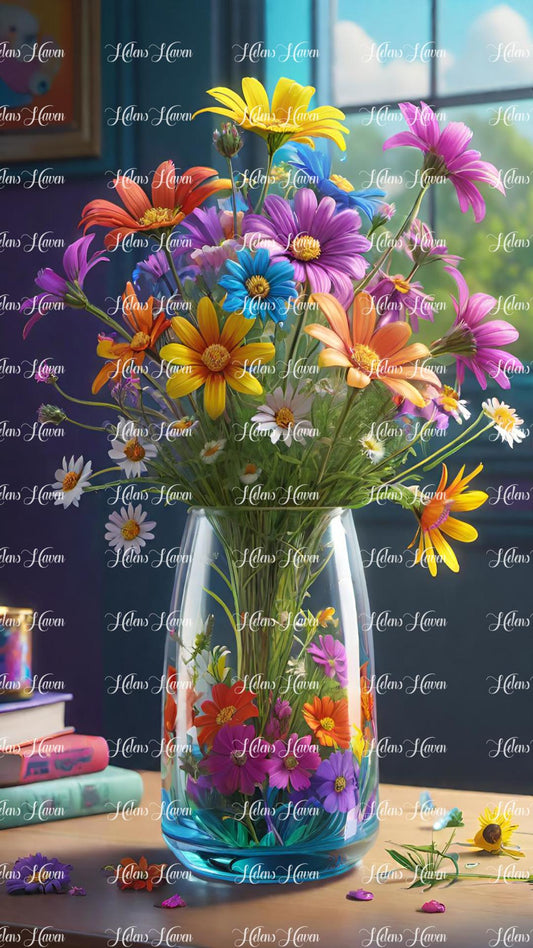 Flowers in a glass vase on a table