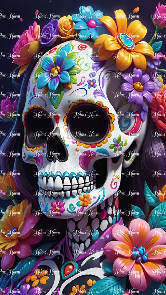 Sugar skull with bright flowers