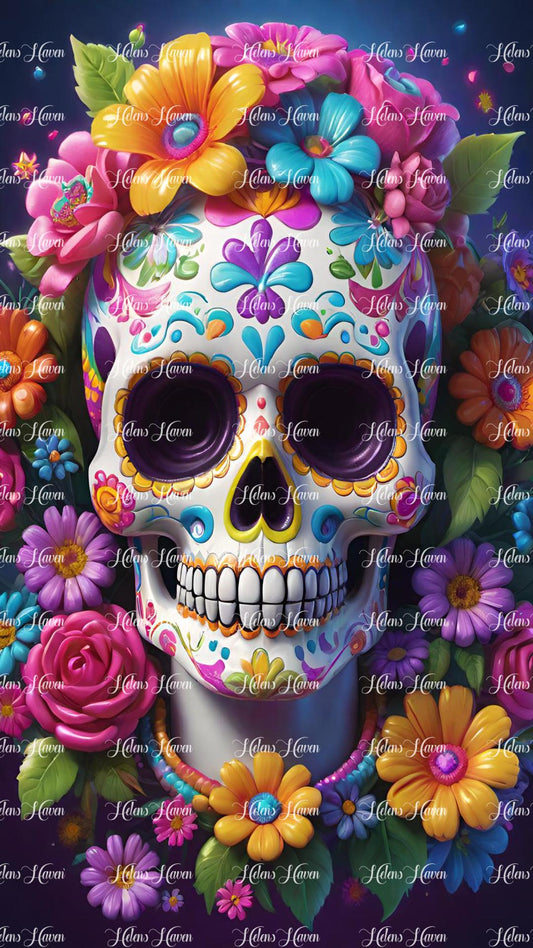 Sugar skull amid colourful flowers