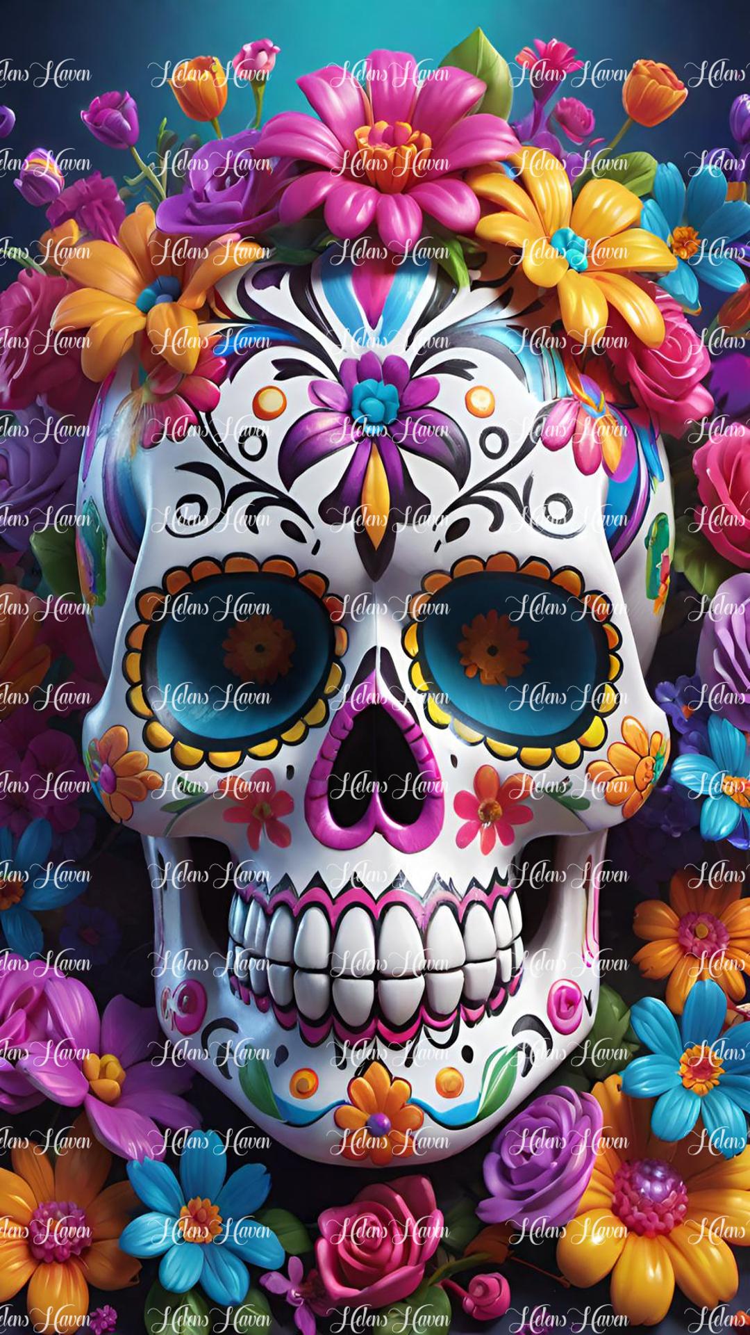 A grinning sugar skull surrounded by colourful flowers