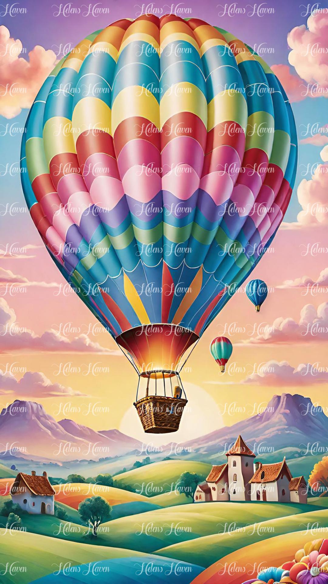 Pretty pastel hot air balloon over hills