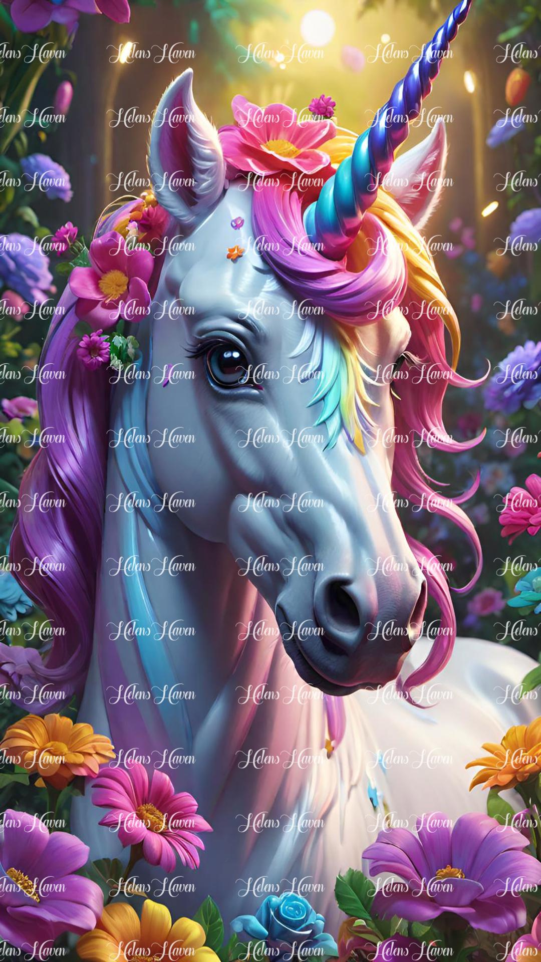 White unicorn with pink mane amid flowers