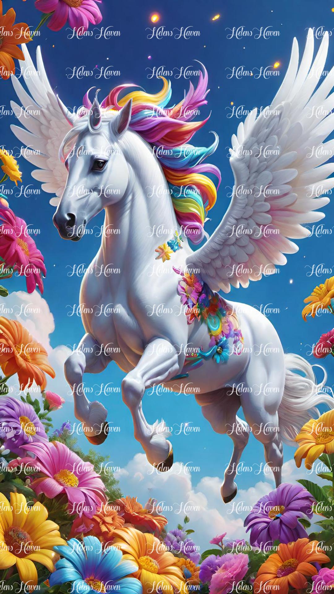 Pegasus flying white horse with rainbow mane