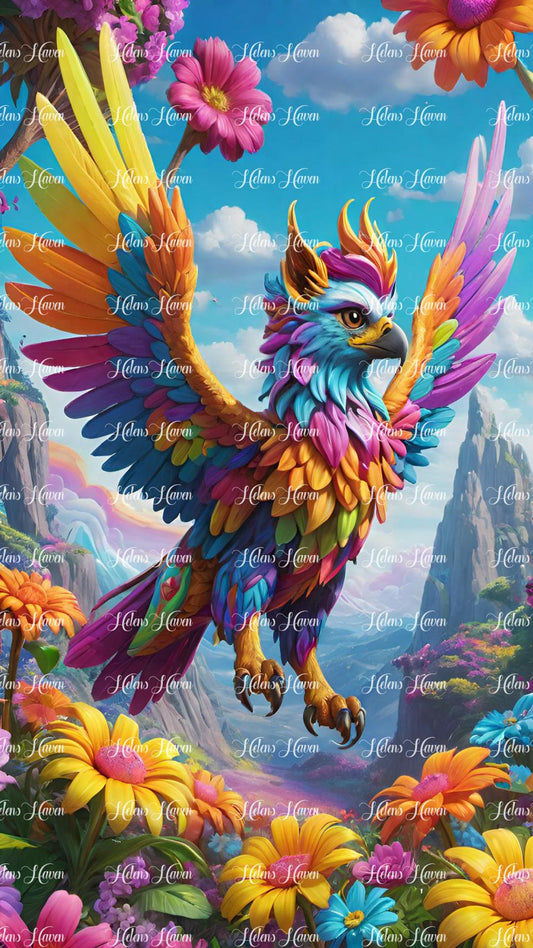 Flying multicoloured griffon bird