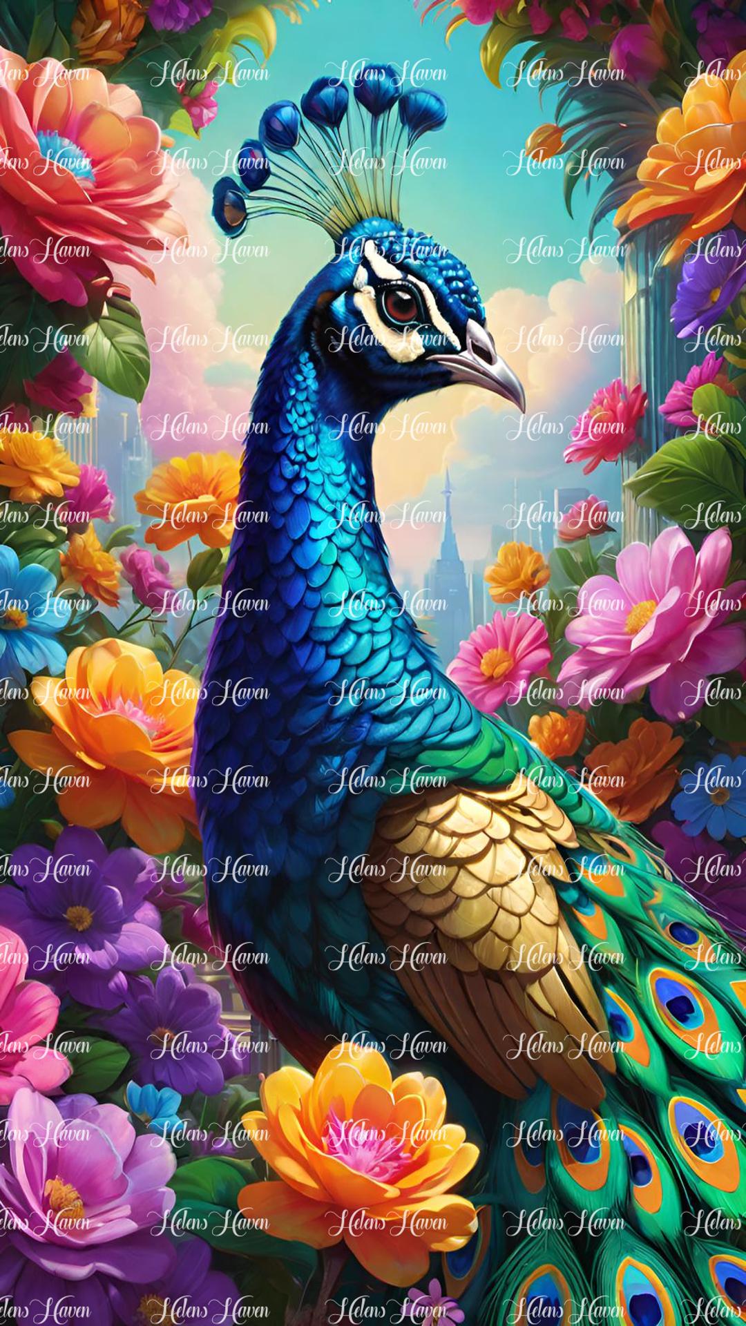 majestic peacock in flowers