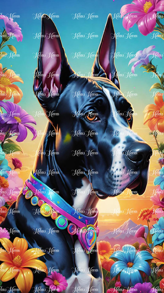 Great Dane dog amid flowers