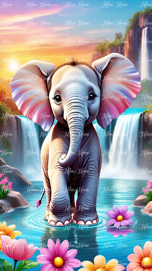 Cute baby elephant in a waterfall with flowers