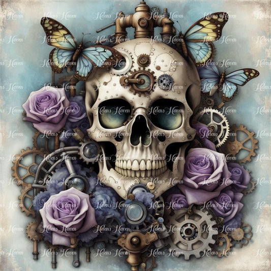 Steampunk skull with cogs, gears, roses and butterflies in pastel lilac and pastel blues