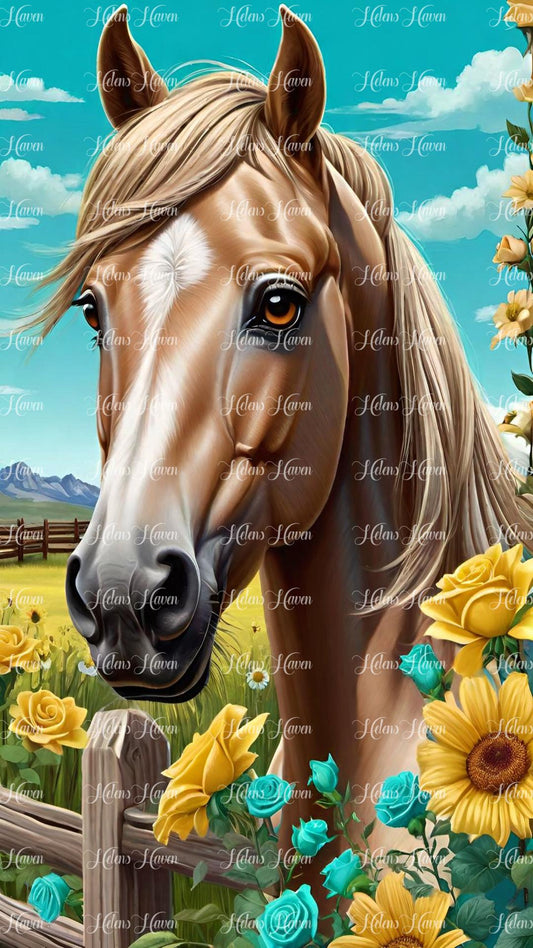 Tan horse head with sunflowers