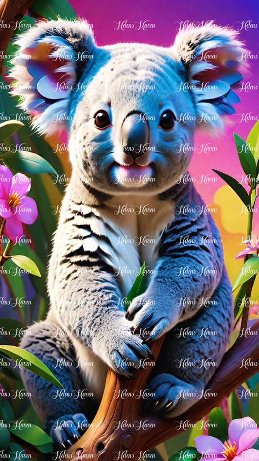 Smiling koala sitting in a tree
