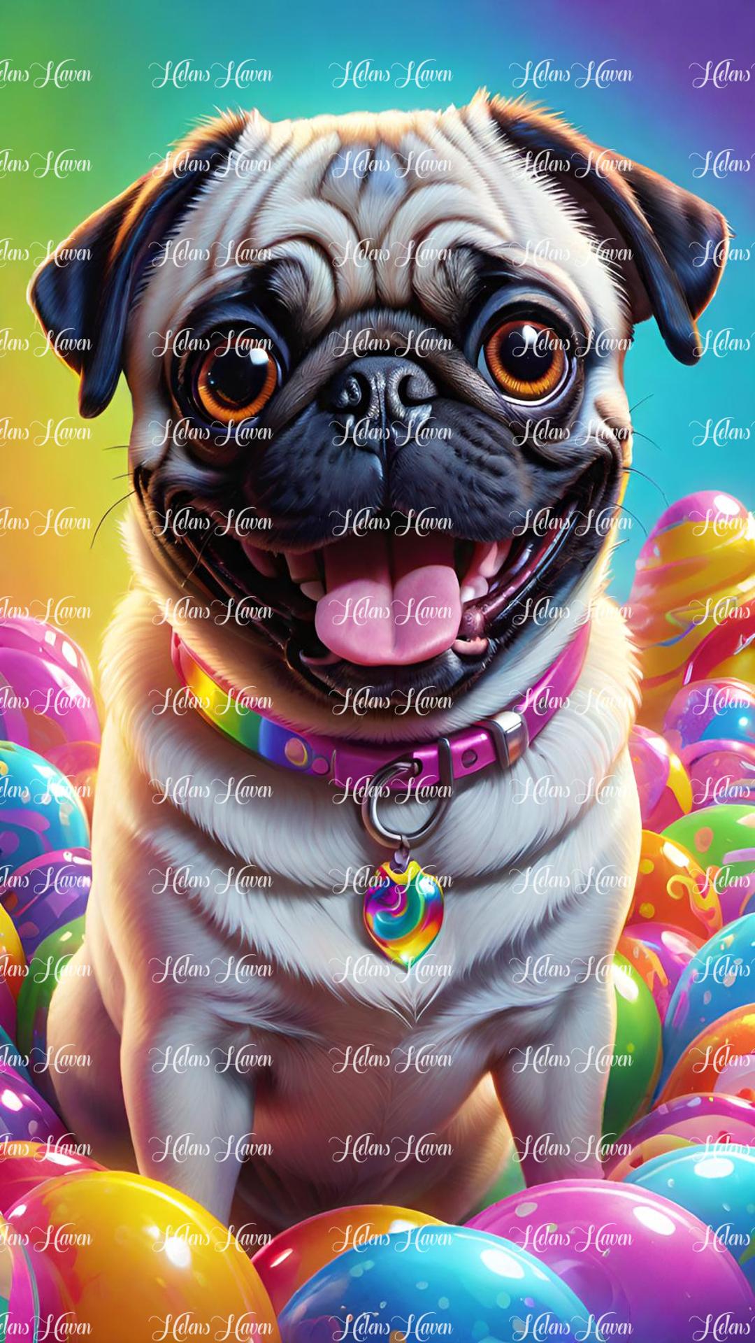 Pugdog playing in colourful balls