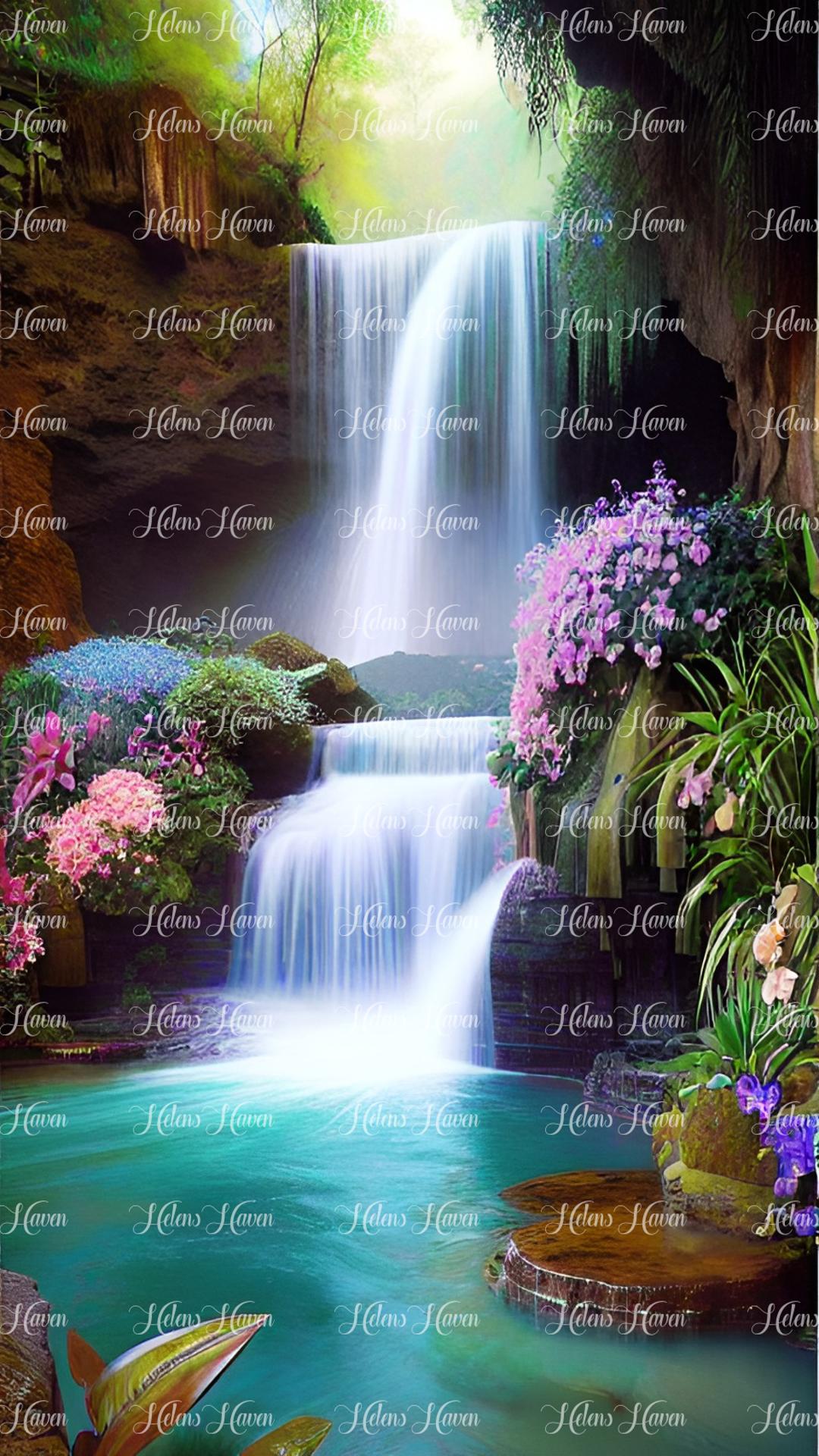 Waterfall with pink flowers and a green pond