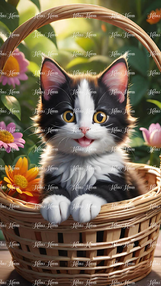 Cute black and white fluffy kitty in basket