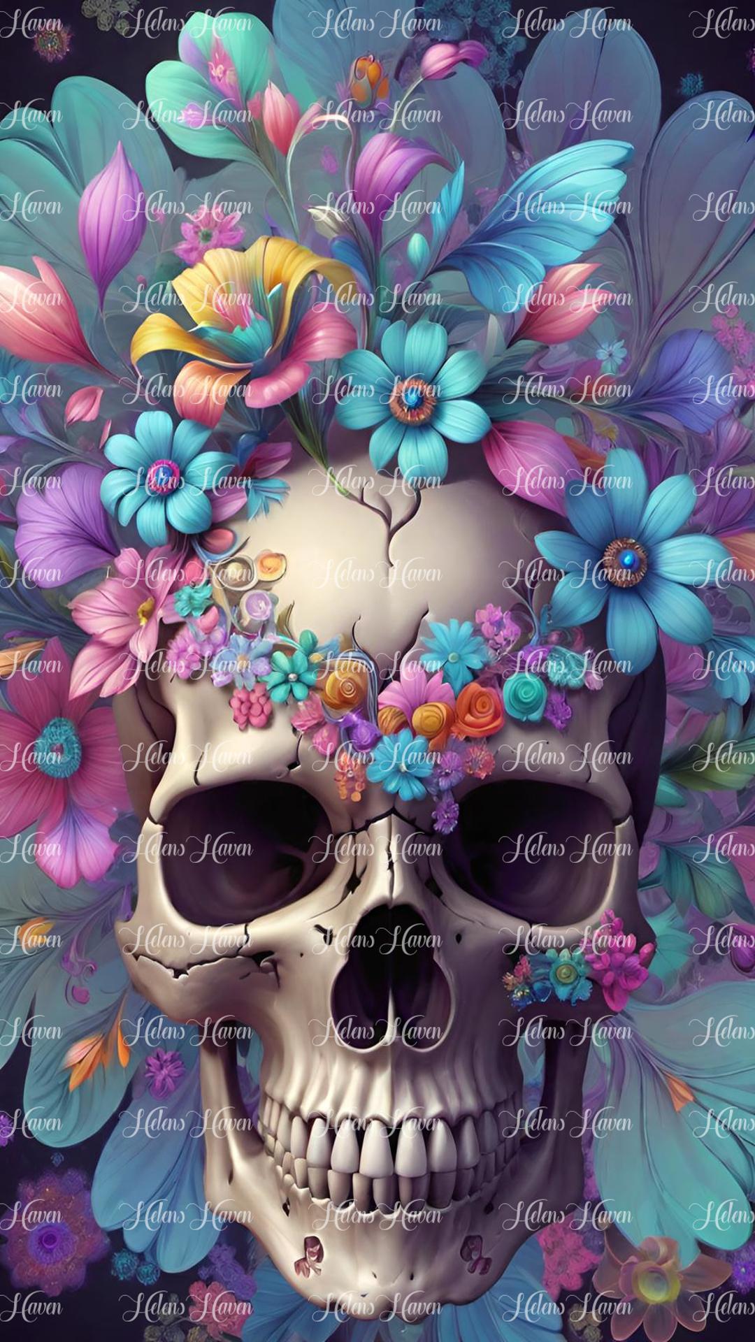 Flower skull in blues and pinks