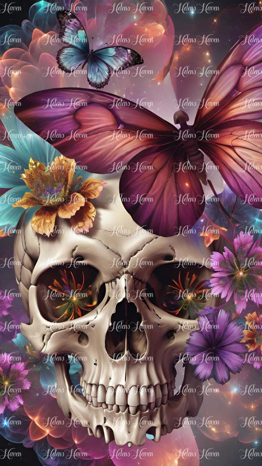 Flower skull with pink butterfly