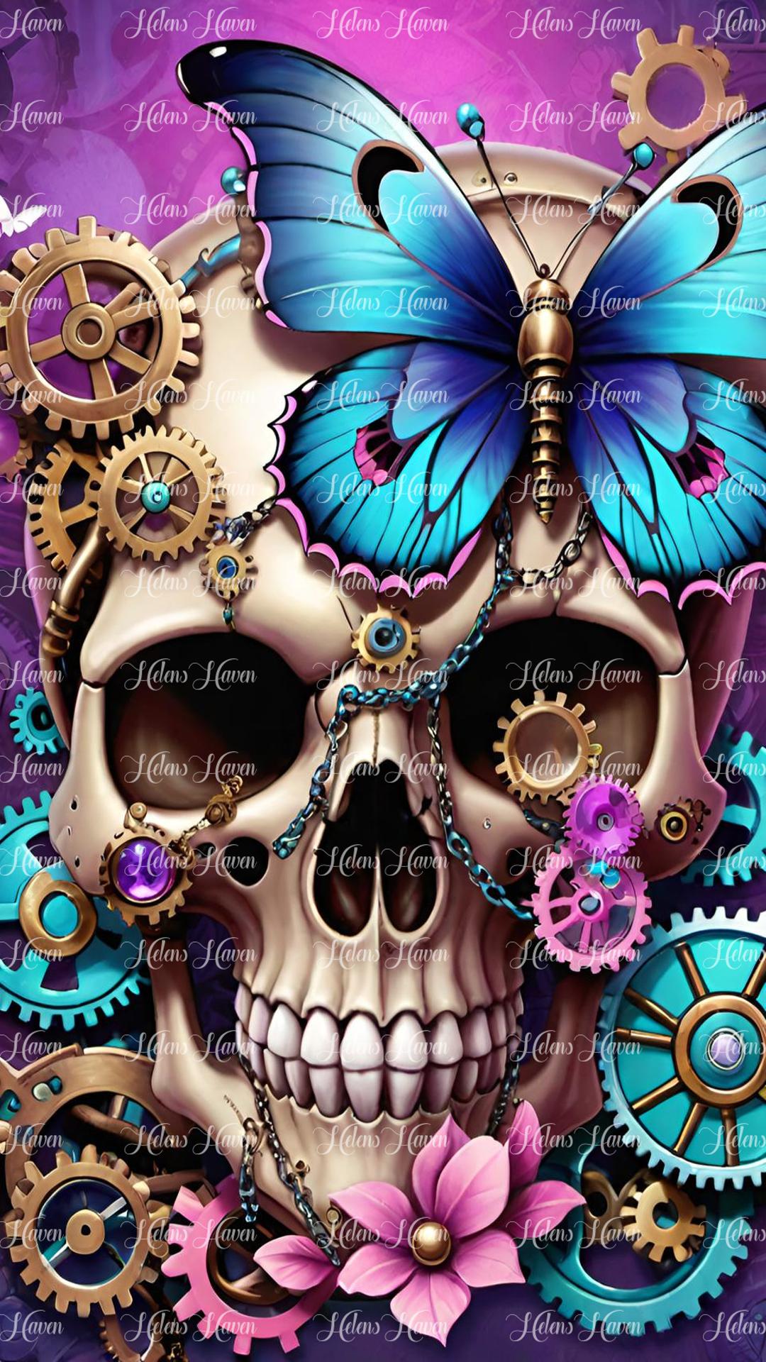 Flower skull with blue butterfly and pink flowers