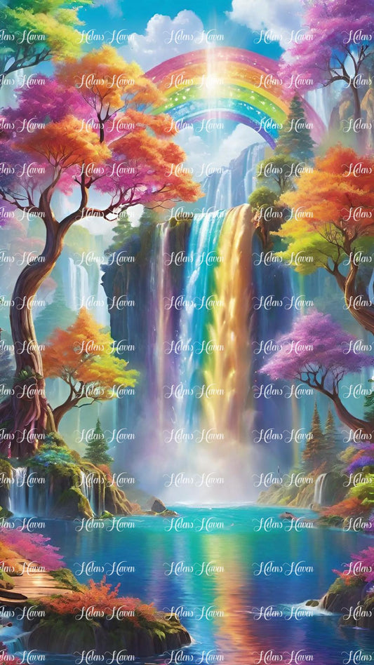 A scene of rainbow trees and water