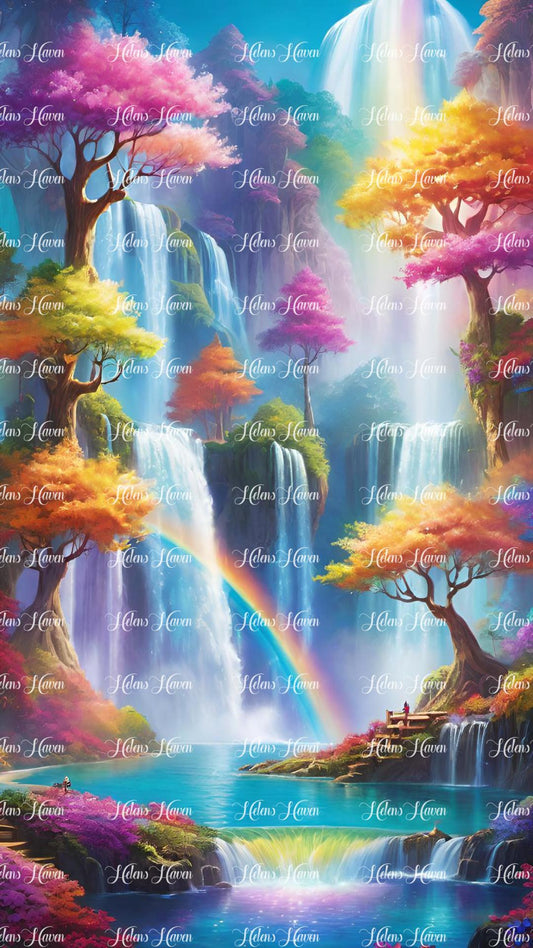 Colourful tress and waterfalls into a pond