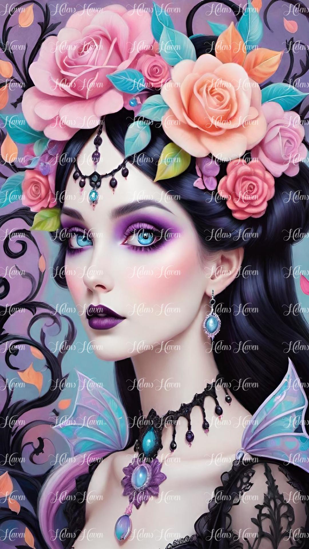 Gothic girl with colourful flowers in her hair and a choker