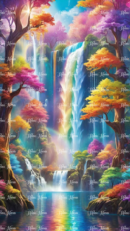 Enchanting waterfall scenes with rainbow reflections in the pond below