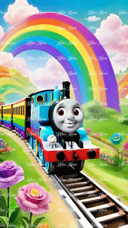 Blue train under a rainbow