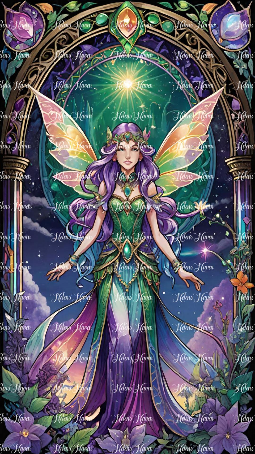 Stained glass purple and emerald fairy