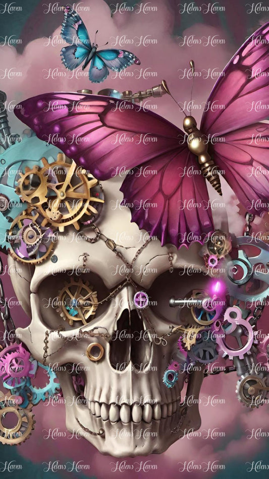 Flower skull with pink butterfly and pink flowers