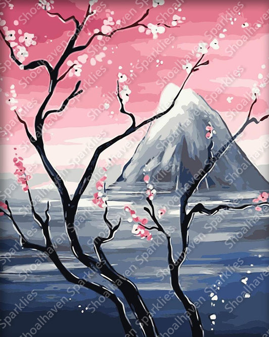 A view of a Japanese mountain rendered in pinks and greys with a cherry blossom tree in the foreground