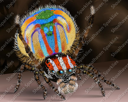 A tiny peacock spider shows off his amazing coloring