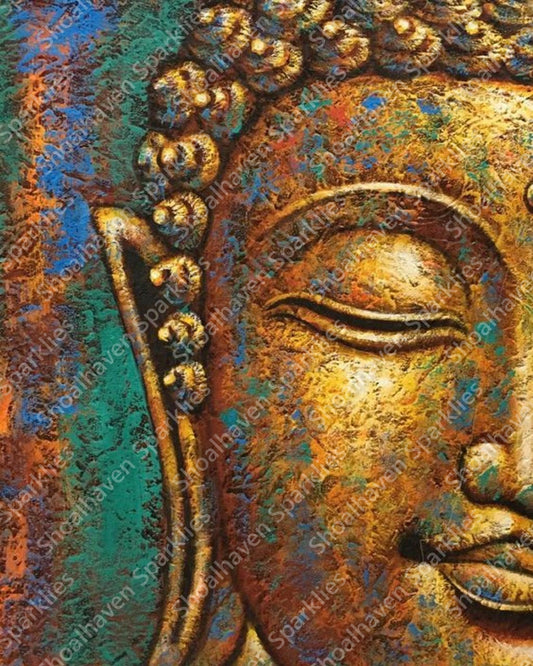 A golden Buddha with shades of teal and blue