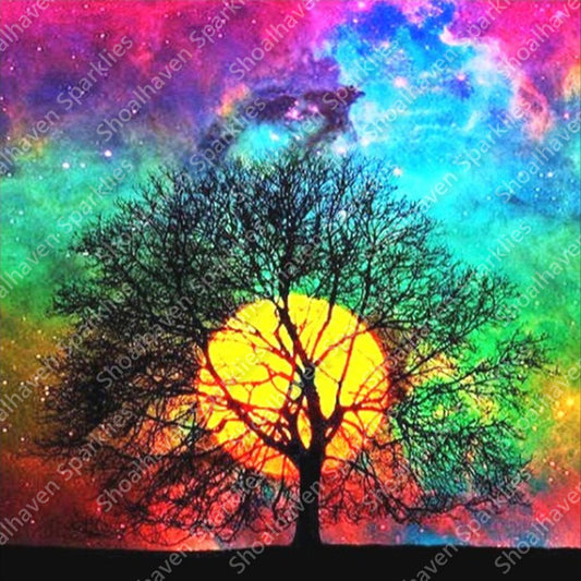A tree at sunset with a watercolour rainbow sky