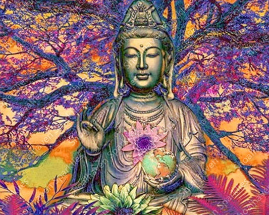 A buddha with bright shades of purple, gold, yellow and pink