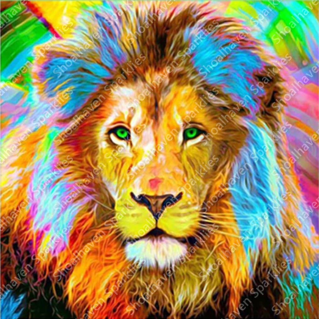 A bright rendering of a majestic male lion with shades of green, gold and blue