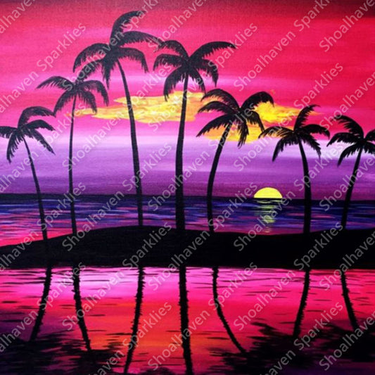 A pink beach sunset with purples and golds with palm tree silhouettes