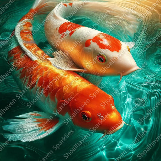 Two koi in a pond of teals and blues