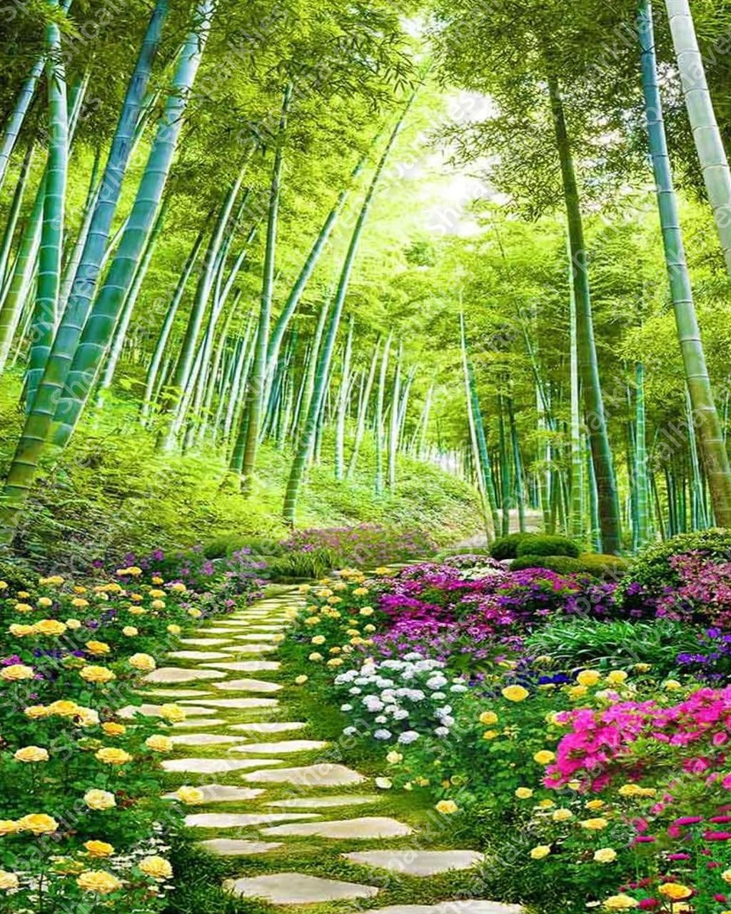 A stone path leads through the towering bamboo forest