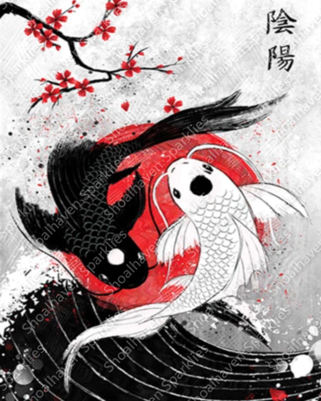 Yin Yang koi fish in tones of black, white and red