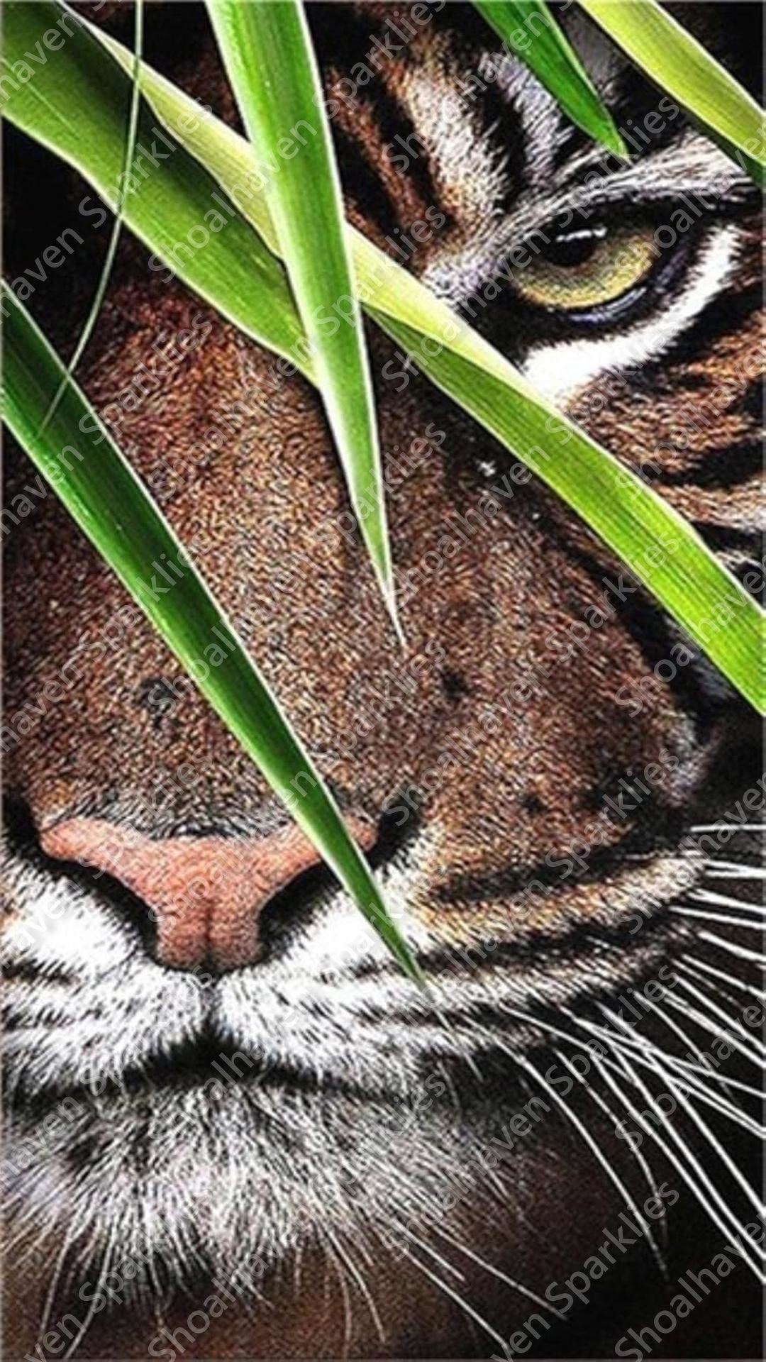 Closeup of a tiger face with green palm fronds