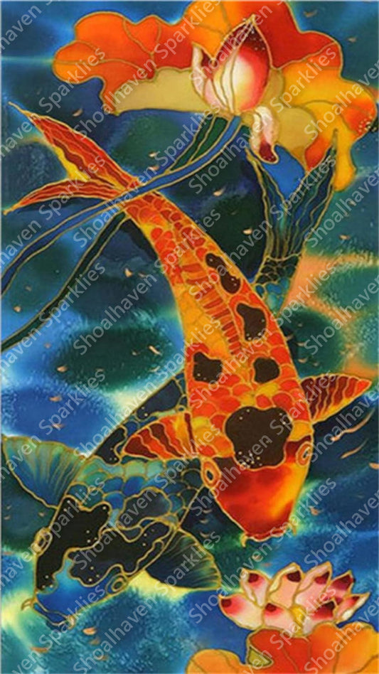 Two koi in cloisonne style with shades of blue, orange, red and gold