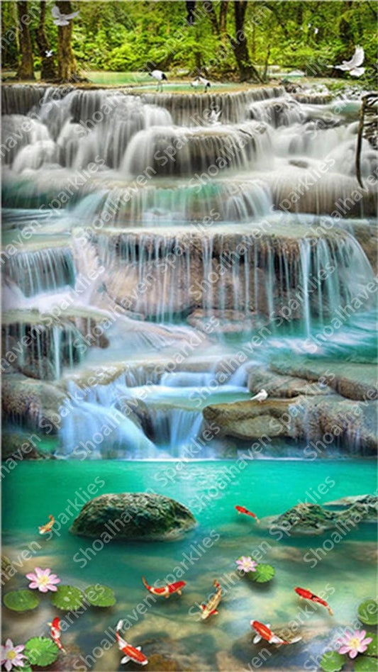 Koi gather at the base of a waterfall