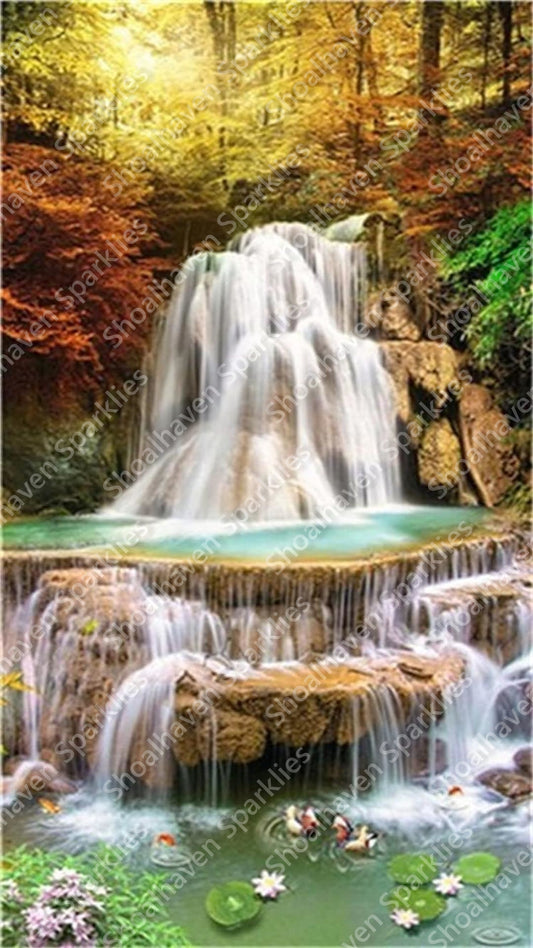 Two Mandarin ducks serenely float at the bottom of a waterfall