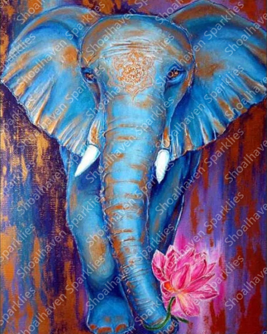 A beautiful elephant steps forward holding a pink flower in her trunk