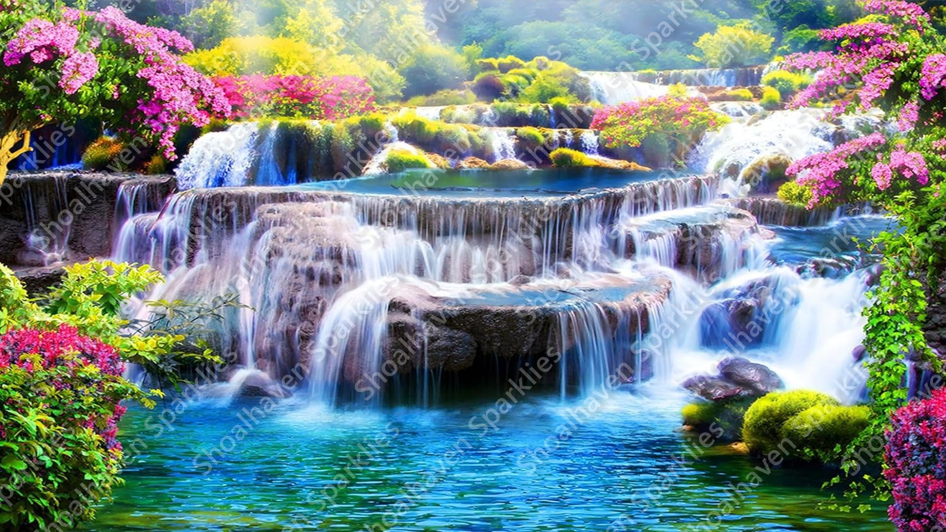 Amazing waterfalls surrounded by greenery and pink flowers