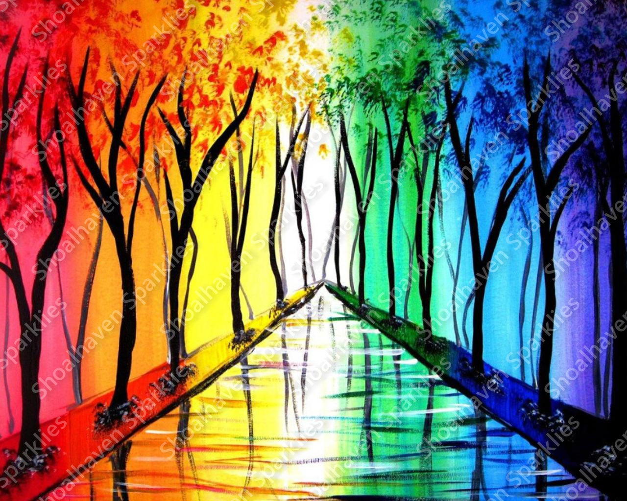 A pathway of trees rendered in a rainbow of colours